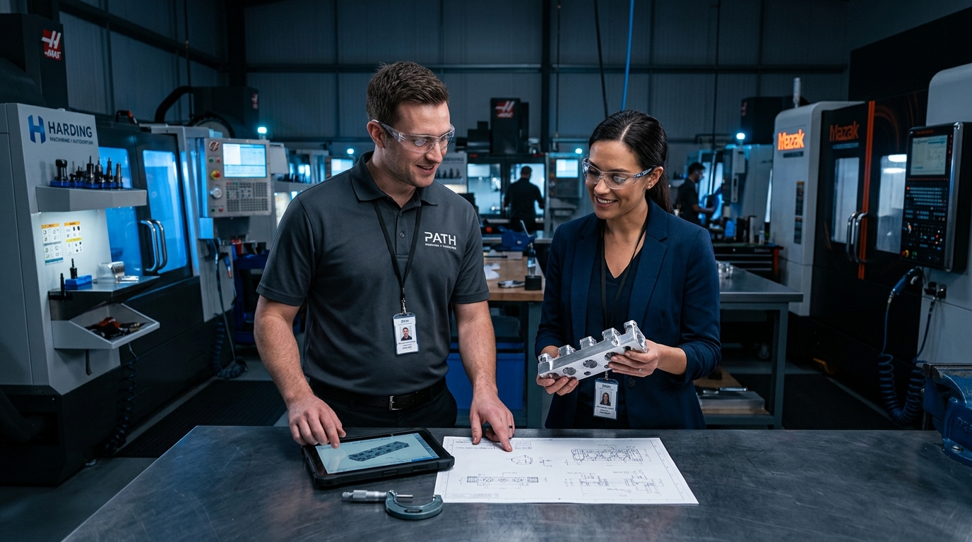 Two manufacturing professionals reviewing precision machined components together on a factory floor, representing the evaluation process of choosing a trusted precision machining partner.